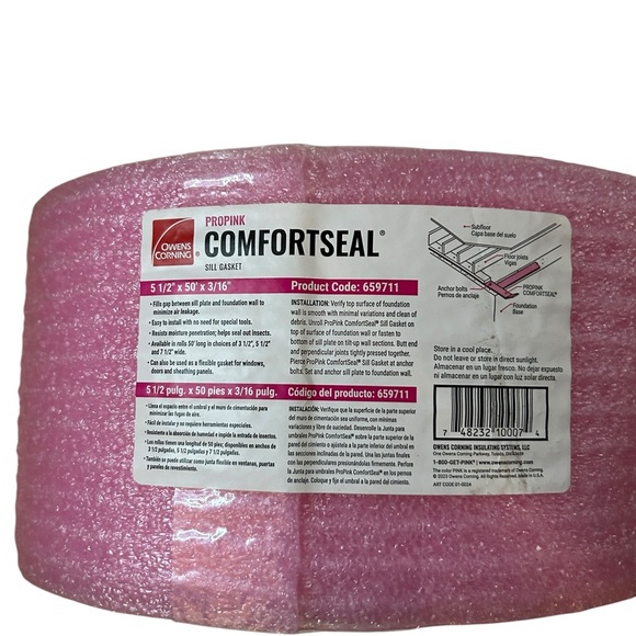 Owens Corning Other - Owens Corning Pink ComfortSeal Sill Gasket 5-1/2"x50'x3/16” Insulation Seal Roll